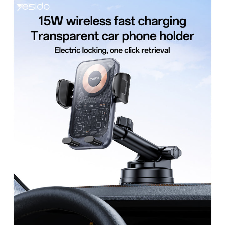 Yesido 15W Wireless Charging Transparent Car Phone Holder