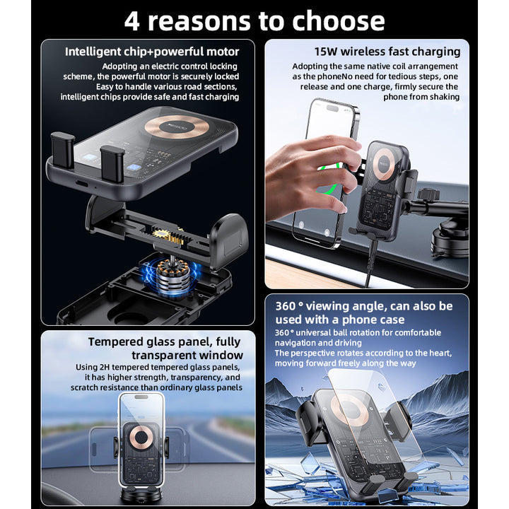 Yesido 15W Wireless Charging Transparent Car Phone Holder