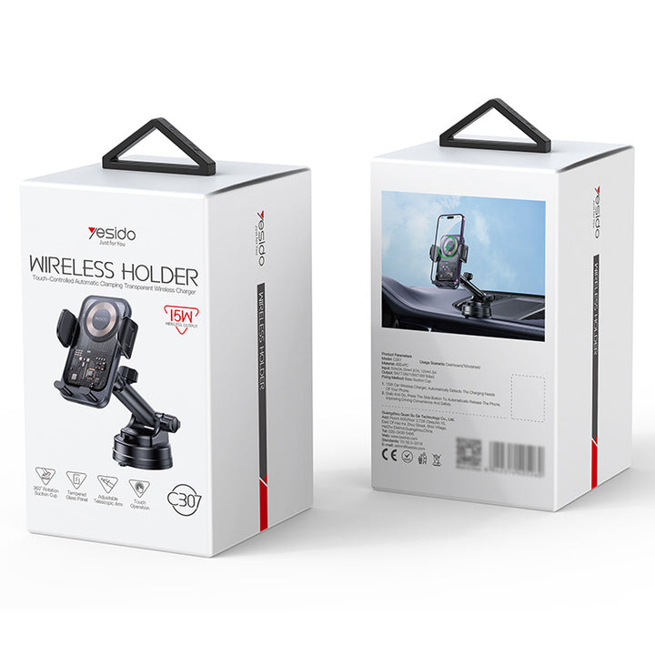 Yesido 15W Wireless Charging Transparent Car Phone Holder