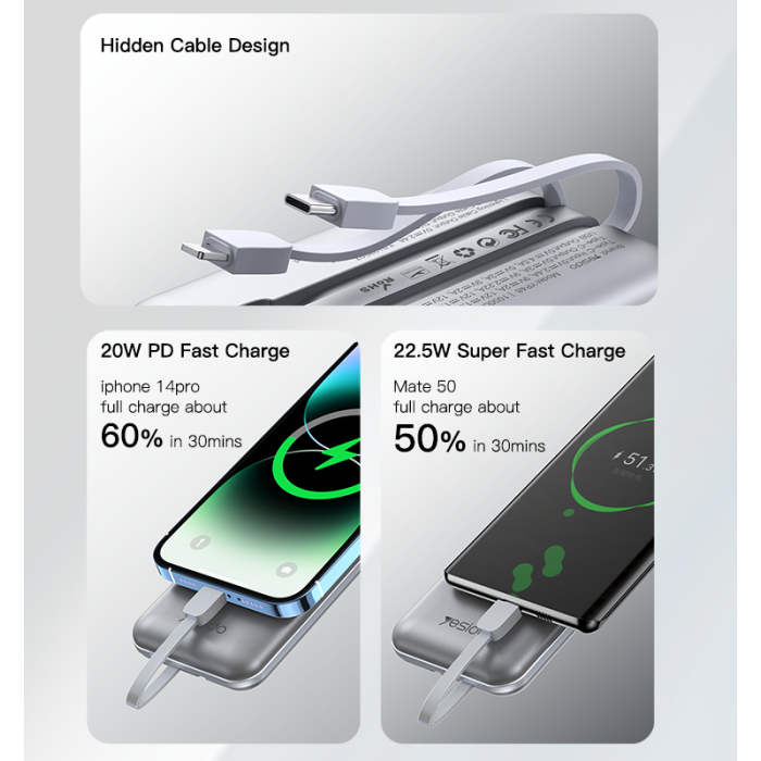 Yesido 10000mAh \ 22.5W Fast Charging Power Bank with Built-in HD Cable