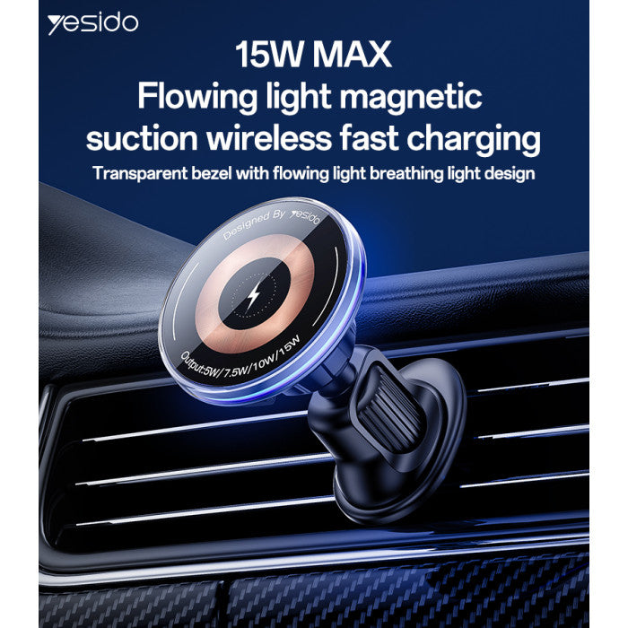 Yesido 15W Magnetic Wireless Charging Car Holder with Flowing Light