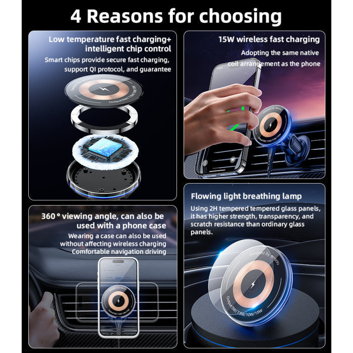 Yesido 15W Magnetic Wireless Charging Car Holder with Flowing Light